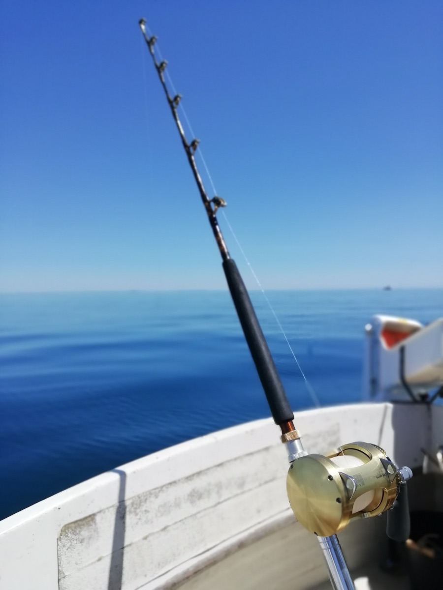 Caña de pescar montada en la popa de un barco durante una jornada de pesca en el mar