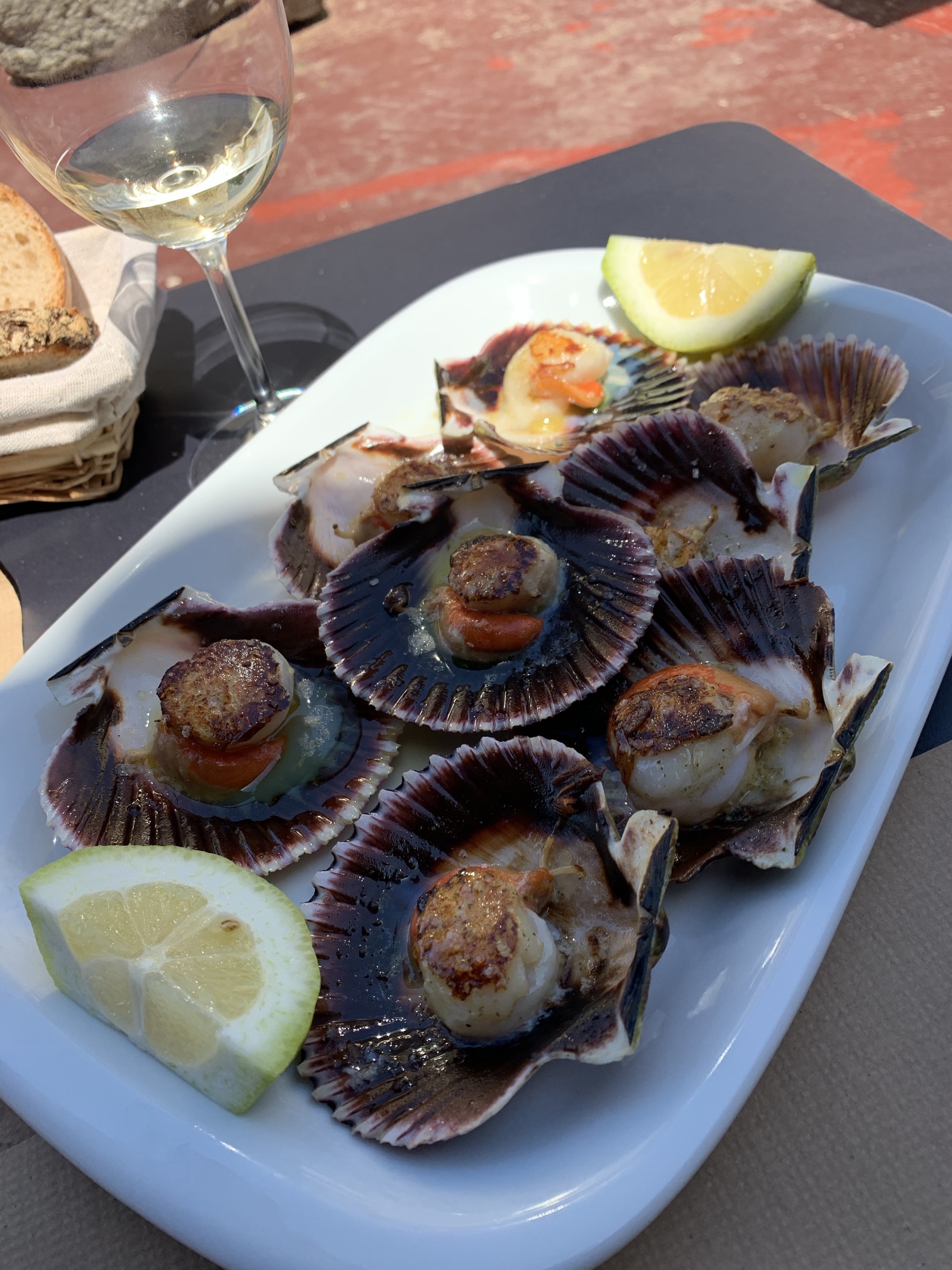 Copa de Albariño D.O. Rías Baixas con plato de zamburiñas en restaurante con vista al mar