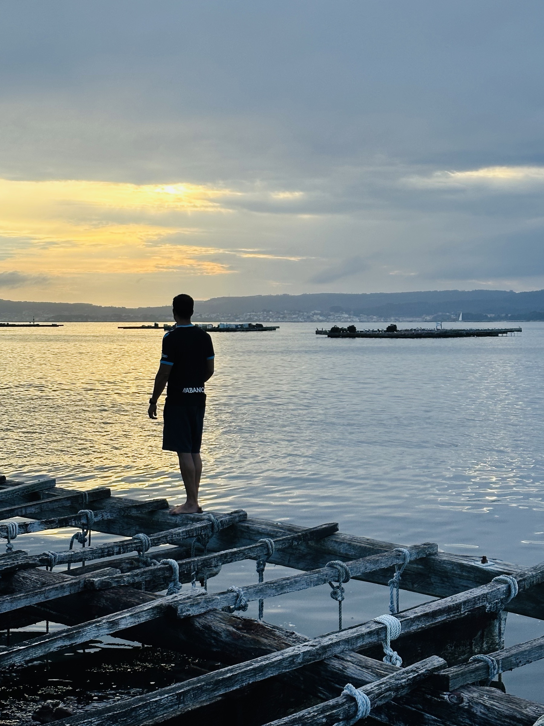 Atardecer dorado sobre las bateas de mejillón de la Ría de Arousa con silueta del horizonte gallego